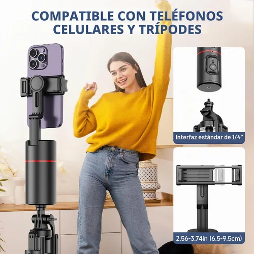 Vista 6 de Trípode de seguimiento facial automático, sin aplicación, soporte inteligente para teléfono con control remoto, rotación de 360°, soporte para Negro