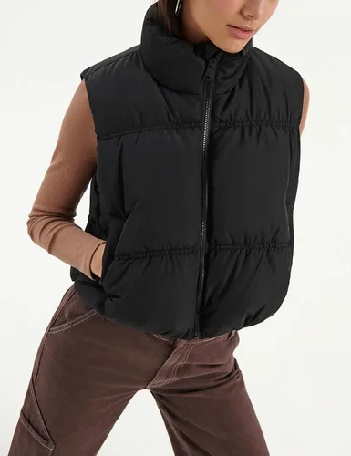 Vista 3 de EsheSy Chaleco acolchado recortado para mujer, cuello alto, cremallera completa, sin mangas, chaqueta acolchada cálida