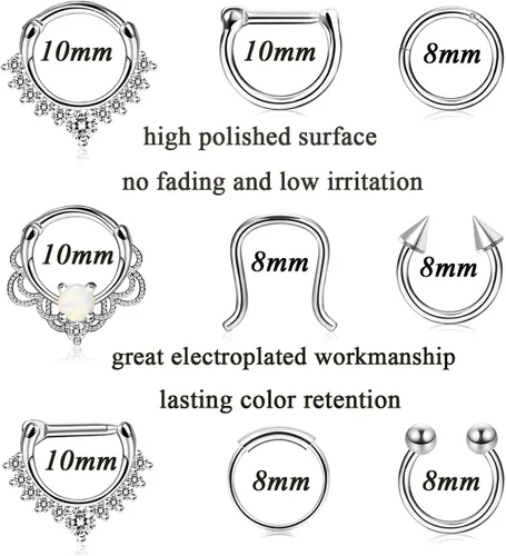 Vista 2 de Udalyn 18 piezas de acero inoxidable para septum, piercing para la nariz, cartílago, circonita cúbica, piercing corporal