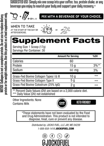 Vista 4 de Jocko Fuel Colágeno en polvo con calostro – 0.55 oz de colágeno hidrolizado + 0.07 oz de calostro de primer ordeño – Doble acción para la salud