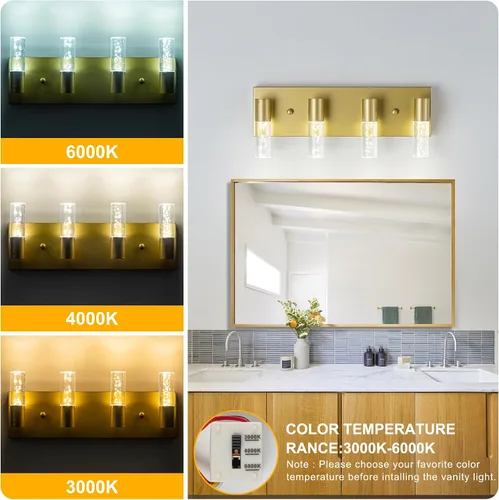 Vista 5 de Lámparas de tocador de baño sobre espejo con acabado dorado cepillado, 4 luces de tocador, apliques de pared para baño
