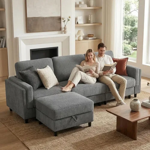 Vista 24 de KKL Sofá cama modular modular con otomana de almacenamiento, sofá cama convertible en forma de L/U para sala de estar, diseño reversible moderno