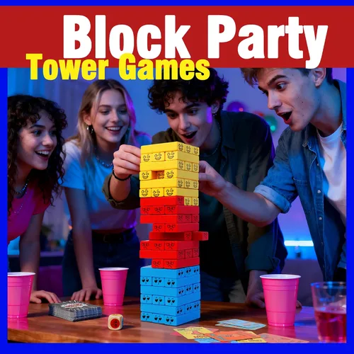 Vista 2 de Juego de fiesta de bloques de torre de caída, juego de apilamiento de madera de 121 piezas, 60 bloques, 60 tarjetas, 1 dado, miles de combos