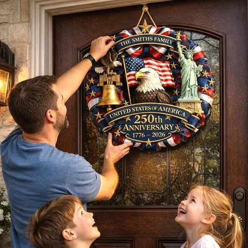 Vista 4 de NAZENTI Letrero personalizado para puerta del 4 de julio con nombre familiar, coronas de puerta personalizadas para 250 aniversario de Estados