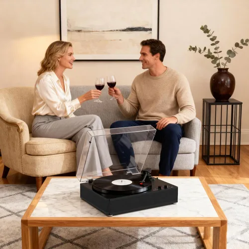 Vista 8 de Reproductor de discos de vinilo con altavoces estéreo, tocadiscos de tamaño completo para discos de vinilo, entrada y salida Bluetooth, reproductor