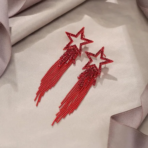 Vista 5 de EVER FAITH Aretes de borla de estrella para mujer, aretes largos de cristal de diamantes de imitación con cuentas de cascada con flecos, aretes