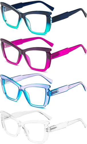 Vista 2 de Paquete de 4 elegantes lentes de lectura para mujer, a la moda, grandes, con bloqueo de luz azul, con bisagra de resorte