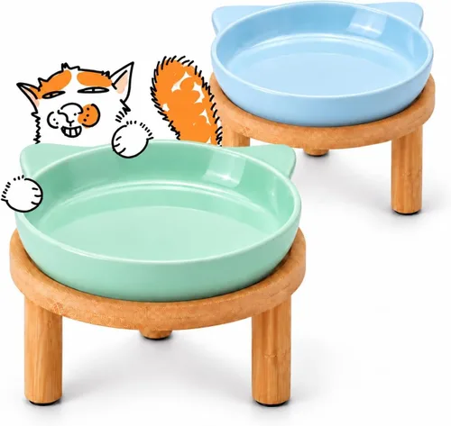 Vista 18 de Cuencos elevados de cerámica para gatos con soporte de bambú, platos elevados de comida para mascotas para gatos y perros pequeños, comedero