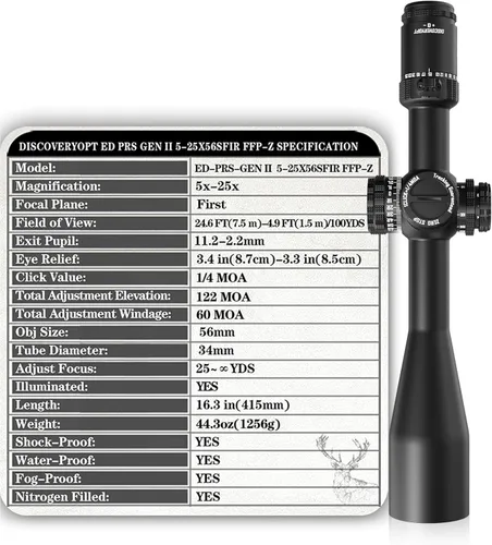 Vista 6 de DISCOVERYOPT Optics ED GEN-II 5-25x56mm PRS Rifle Scope FFP, Retícula iluminada con parada cero de 34mm de tubo