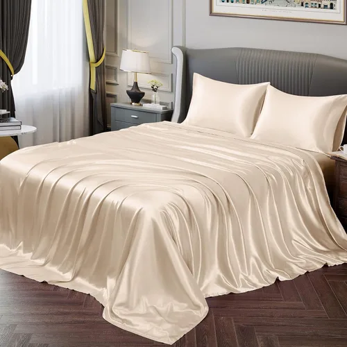 Vista 45 de Vonty - Juego de sábanas de satén, sedosas, tamaño individual, de color ámbar beige, 1 sábana bajera con bolsillo profundo + 1 sábana encimera + 1