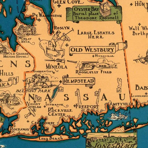 Vista 5 de Antiguos Maps Hermosa ilustración pictórica de Long Island, Nueva York alrededor de 1933 Queens, Nassau y Suffolk Póster impreso artístico