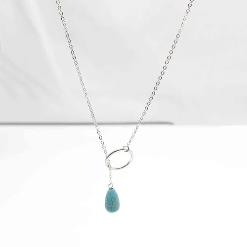 Vista 7 de Allereyae Collar vintage turquesa con forma de gota en Y, collar de círculo de karma, collar de lágrima, turquesa y lariat, collar de plata