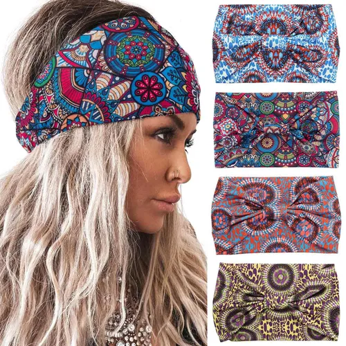 Vista 12 de Acenail Diademas anchas para mujer, turbante bohemio, diadema anudada, floral, elástica, antideslizante, para entrenamiento, yoga, bufandas