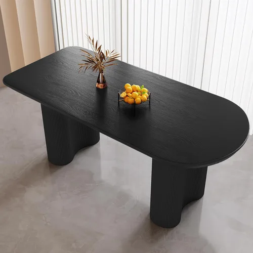 Vista 27 de Mesa de comedor negra de 55 pulgadas, una mesa rectangular de extremo redondeado con patas de diseño ondulado para cocina, comedor, oficina en casa
