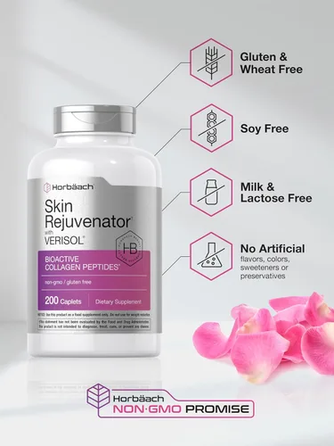 Vista 5 de Rejuvenecedor de piel Horbäach con Verisol Péptidos de colágeno bioactivos 200 cápsulas Suplemento sin OMG, sin gluten