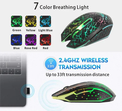 Vista 5 de Uciefy Q8 - Ratón inalámbrico para computadora para juegos, 2.4 GHz USB óptico recargable ergonómico LED inalámbrico silencioso ratón, 3 DPI