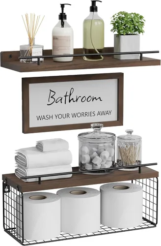 Vista 8 de WOPITUES Estantes Flotantes para Letrero de Decoración de Pared, Organizadores y Almacenamiento de Baño, Estantes de Baño Sobre el Inodoro con Negro