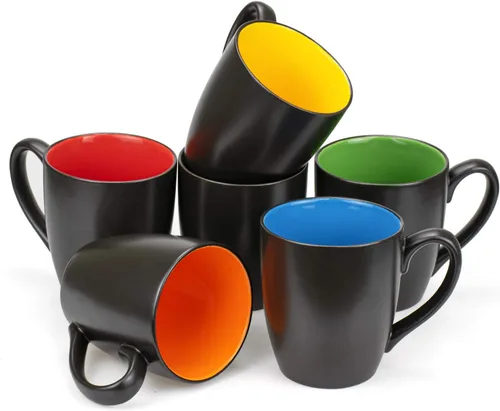 Vista 3 de Foraineam Juego de 6 tazas de café de 16 onzas, juego de tazas de porcelana negra mate de gran tamaño para restaurante, tazas para café, té, jugo
