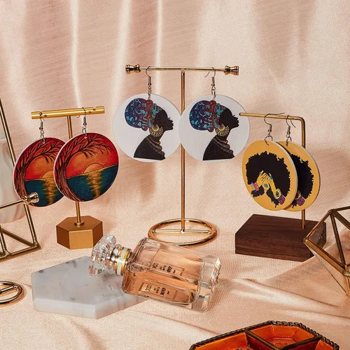 Vista 5 de 10 pares de aretes redondos africanos para mujer, de madera pintada, aretes de estilo étnico