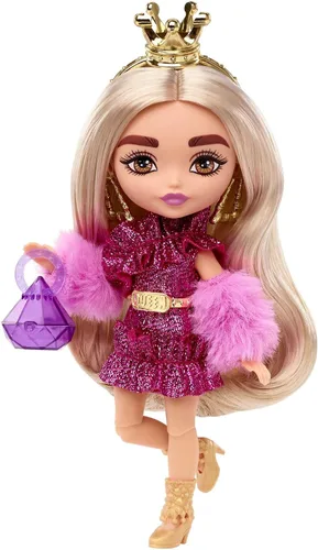 Vista 4 de Barbie Extra Minis - Muñeca y accesorios con cabello rubio con vestido brillante y encogedor peludo, 5.5 pulgadas