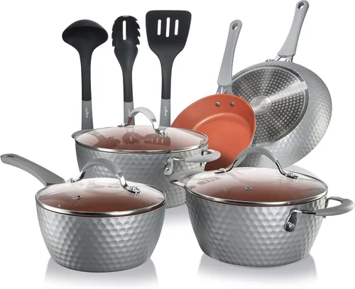 Vista 10 de NutriChef Juego de ollas y sartenes de 11 piezas, juego de utensilios de cocina antiadherentes con revestimiento de cerámica, asas frías al tacto