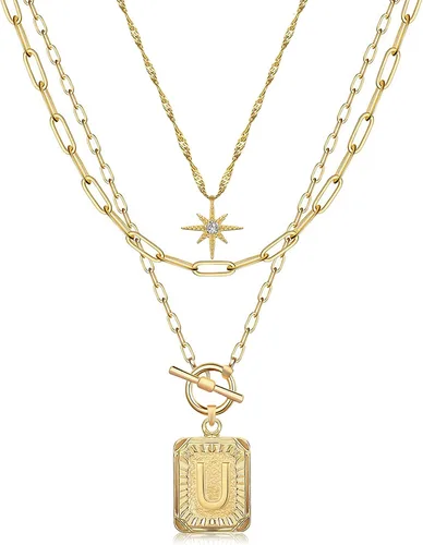 Vista 29 de MJartoria Collares con iniciales en capas para mujer, modernos, chapados en oro de 14 quilates, cadena de papel, collar sencillo con dije de Dorado