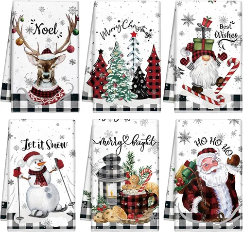 Vista 21 de Hosuly 6 Piezas Toallas de Cocina Navideñas Afroamericanas Paños de Platos de Santa Negro Toallas de Mano Navideñas Negras y Rojas Santa Ángel Acebo