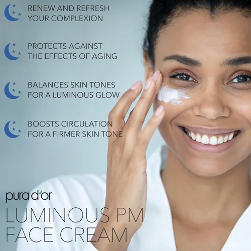 Vista 3 de PURA D'OR Crema facial luminosa PM de 1.7 onzas, azul de metileno, colágeno marino, retinol, péptidos, extracto de células madre de manzana