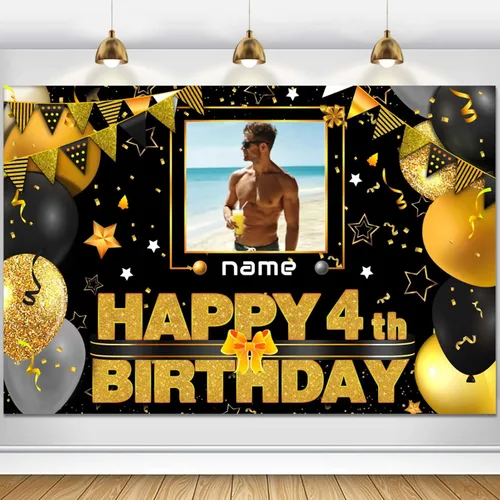 Vista 42 de Cartel decorativo personalizado de feliz cumpleaños número 100 - Personalización disponible - Negro y dorado - Tamaño grande - Admite fotos