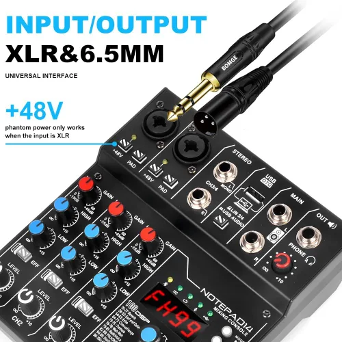 Vista 7 de AD14 Mezclador de audio profesional Placa de sonido Interfaz Sistema de consola 4 canales USB digital Bluetooth MP3 Entrada de computadora 48V