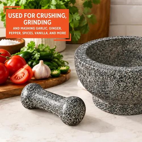 Vista 5 de IMUSA Molcajete de granito pulido tradicional resistente de 8.5 pulgadas para guacamole fresco, salsa, pesto, hierbas, especias