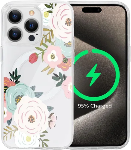 Vista 30 de Funda magnética de flores para iPhone 15 [compatible con MagSafe] Bonito patrón floral transparente a prueba de golpes