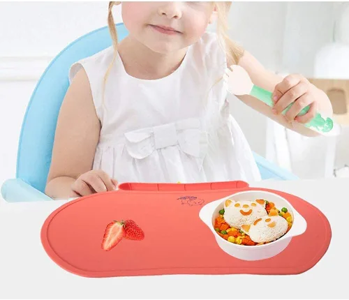 Vista 4 de Tapete individual de silicona para niños, Baby Mumbo, calidad alimentaria con bordes elevados únicos para la prevención de derrames, bandeja ligera