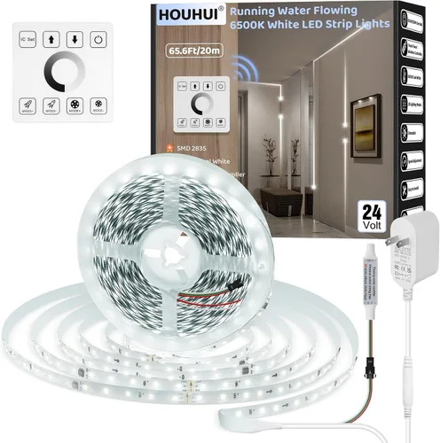 Vista 8 de Tira de luces LED blancas de 65.6 pies, 6500 K, tira de luz LED blanca que fluye de agua corriente con panel táctil, control inalámbrico, 28 modos