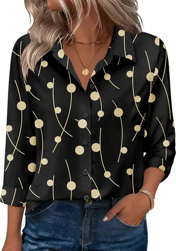 Vista 21 de Zeagoo Camisas con botones para mujer, manga 3/4, cuello en V, blusas con cuello en V, trajes casuales de negocios