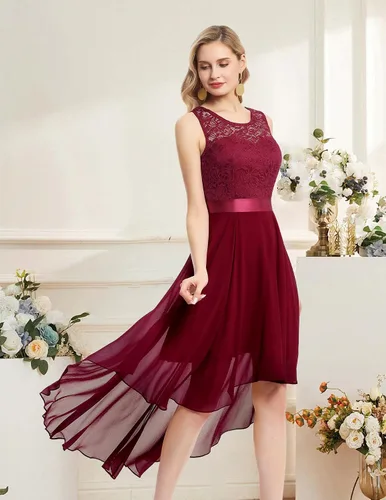 Vista 2 de BeryLove Vestido formal de lentejuelas para invitados de boda, cóctel, fiesta de graduación, encaje alto y bajo, vestido elegante para dama de honor
