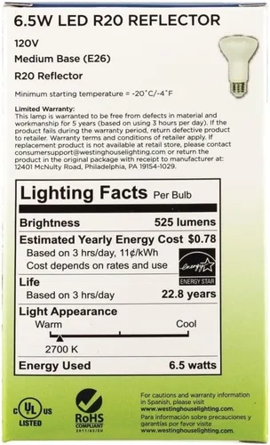 Vista 4 de Westinghouse 5305000 - Bombilla LED Energy Star de 50 vatios equivalente a 50 W, regulable, color blanco suave, con base media, 1 unidad
