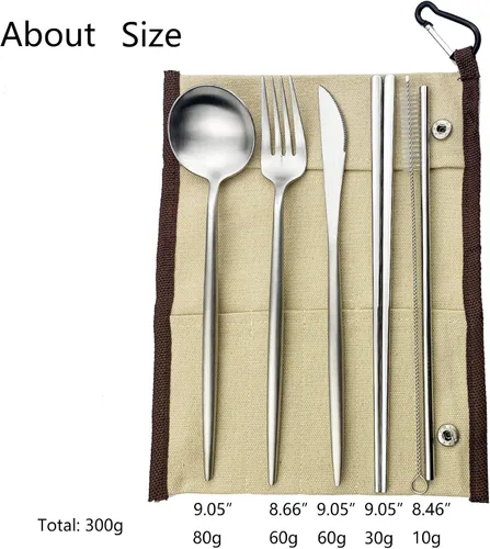 Vista 3 de JASHII El juego de cubiertos de viaje incluye cuchillo reutilizable, tenedor, cuchara, palillos, pajilla, utensilios ecológicos, utensilios