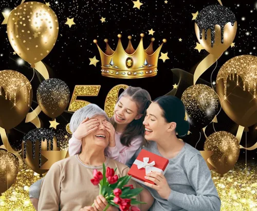 Vista 6 de Telón de fondo para fotografía de cumpleaños número 50 para mujeres y hombres, globo con purpurina negra y dorada, telón de fondo para fotos