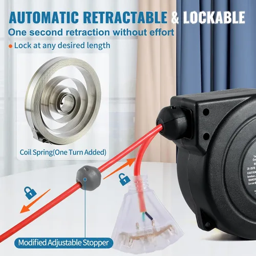 Vista 5 de VEVOR Carrete de cable de extensión retráctil, 30 pies, carrete de cable de alimentación retráctil resistente 16AWG/3C SJTOW con toma triple