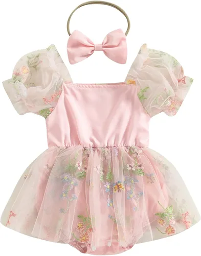 Vista 22 de Mameluco para bebés y niñas de 3, 6, 9, 12, 18 meses, enterizo de manga corta, fruncido, faldas y dobladillo, diadema