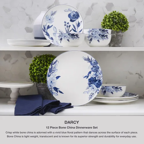 Vista 6 de Mikasa Darcy Bone China - Juego de vajilla ligera de porcelana Bone China de 12 piezas resistente a astillas, servicio para 4, azul y blanco