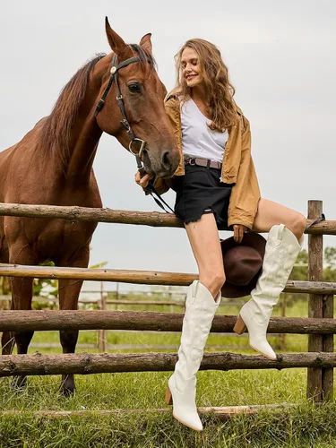 Vista 6 de Mostrin Botas vaqueras bordadas para mujer, botas vaqueras con punta puntiaguda, botas altas hasta la rodilla, tacón grueso, botas occidentales
