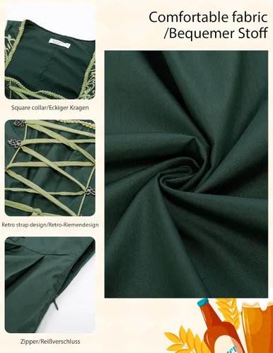 Vista 3 de JASAMBAC Vestido de tirolesa alemana para mujer, disfraz de 3 piezas, carnaval de Oktoberfest Verde militar