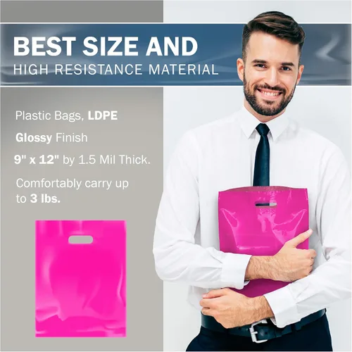 Vista 3 de PPB - Bolsas de plástico rosa de 9 x 12 pulgadas, acabado brillante, tamaño pequeño al por menor, paquete de 200, 1.5 mil de grosor, con asas