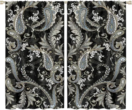 Vista 99 de Cortinas opacas con estampado de flores de cachemira, estampado de cachemira sobre fondo blanco, para decoración del hogar, cocina, restaurante