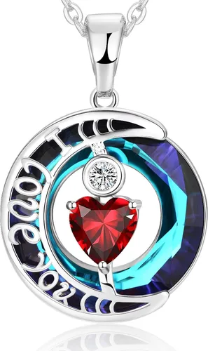 Vista 14 de Collares de cristal para mujer, regalos para aniversario de esposa, regalos de cumpleaños para mujeres, collar de zafiro azul con la frase "I Love