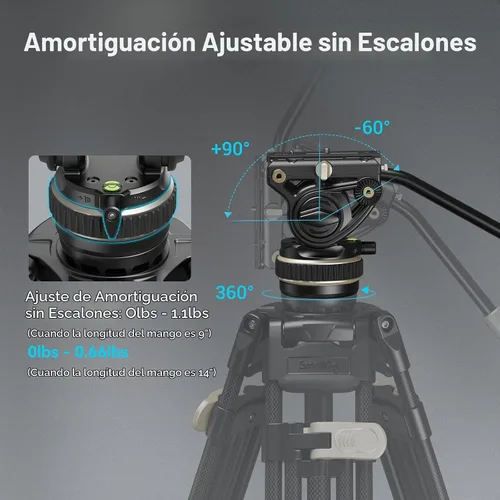 Vista 2 de SmallRig DH10 - Cabezal de video fluido para trípode de servicio pesado con base plana y mango ajustable, placa de liberación rápida para placa