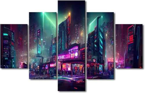 Vista 89 de Póster de 5 paneles en lienzo para decoración de pared, diseño de centro urbano Cyberpunk, impresión moderna, decoración de pared para el hogar