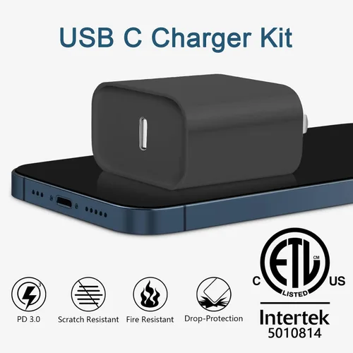 Vista 3 de CXX Cargador para iPhone de 20 W de carga rápida [certificado MFi, paquete de 2] bloque USB-C PD y cable de 6 pies compatible con iPhone Negro